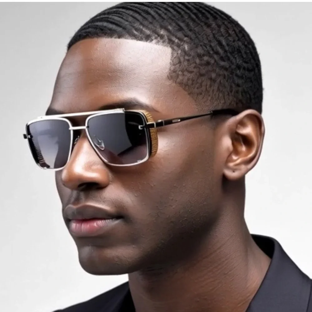 Sunglasses Men Silver Gold Accents Square Frame Fashion Shades Trendy Lentes New